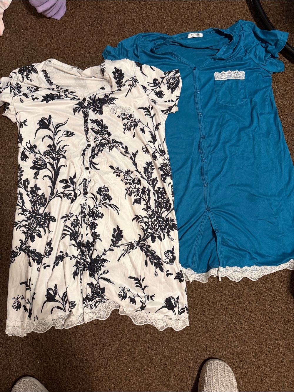 Floral Printed White & Navy Nightgown + Teal Button Front Nightdress